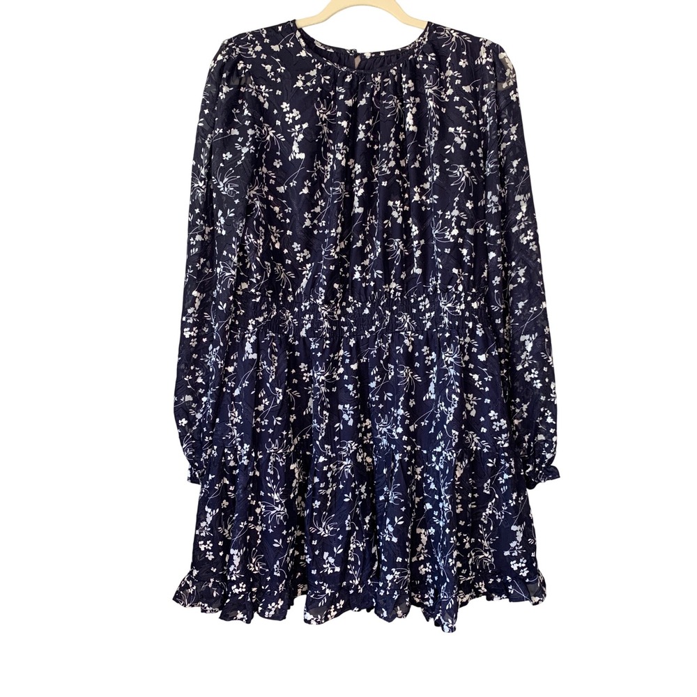Lulus Navy Floral Print Long Sleeve Tiered Ruffle Dress XL